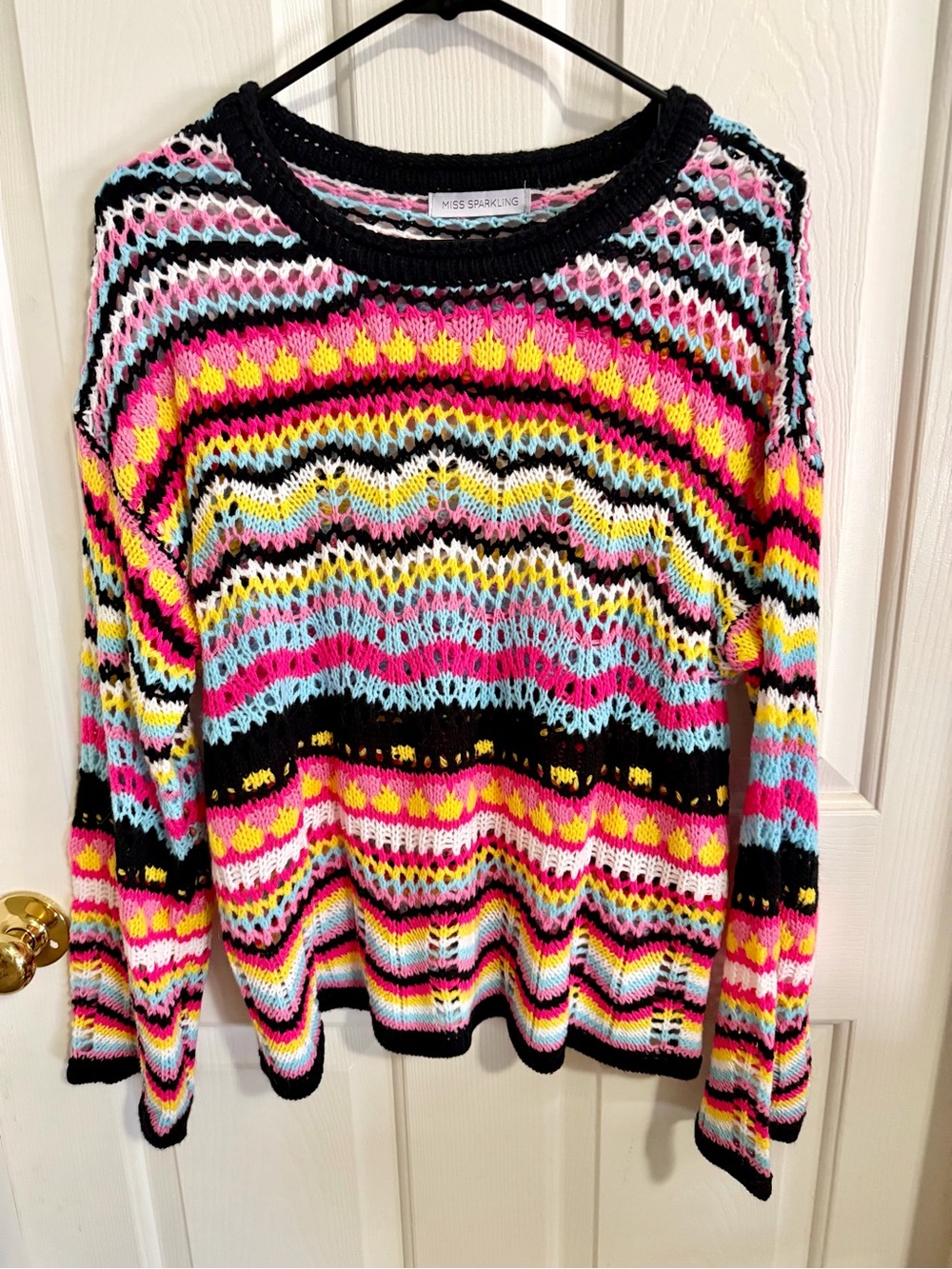NWOT Miss Sparkling Multicolor Open Knit Crewneck Sweater - Pink/Blue/Black